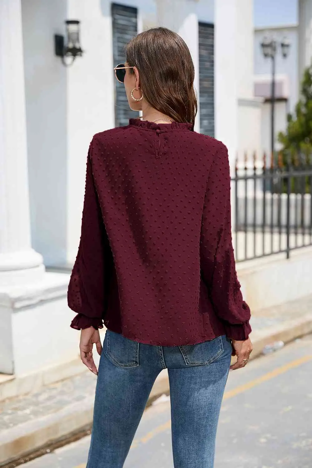 Smocked Mock Neck Swiss Dot Top (10 Colors)