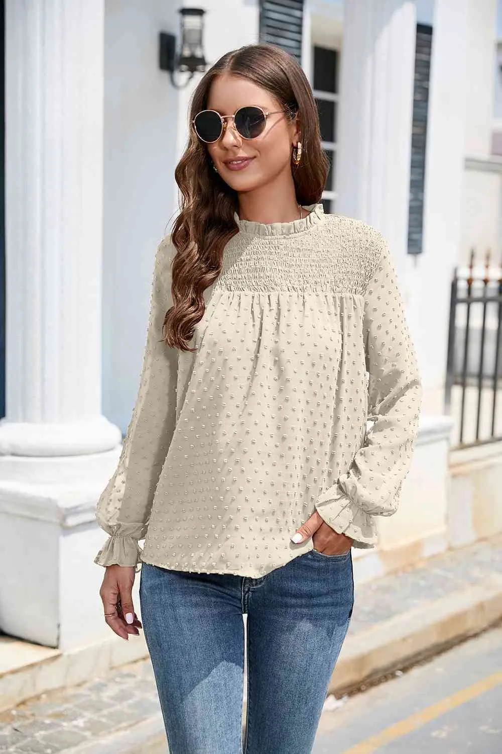 Smocked Mock Neck Swiss Dot Top (10 Colors)