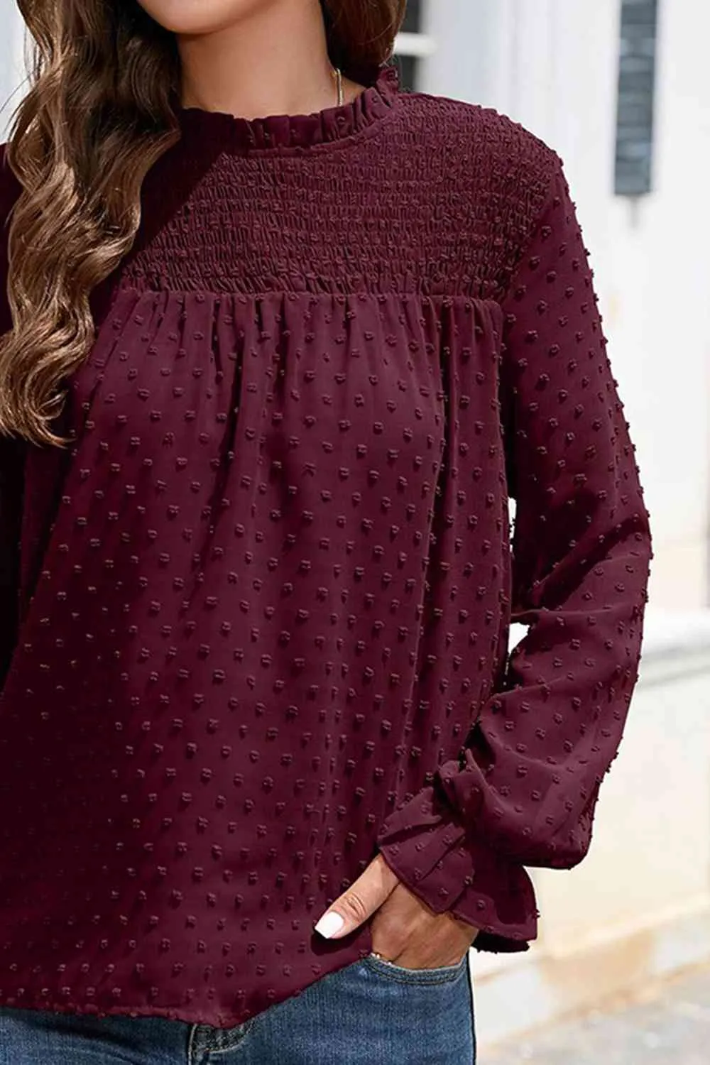 Smocked Mock Neck Swiss Dot Top (10 Colors)
