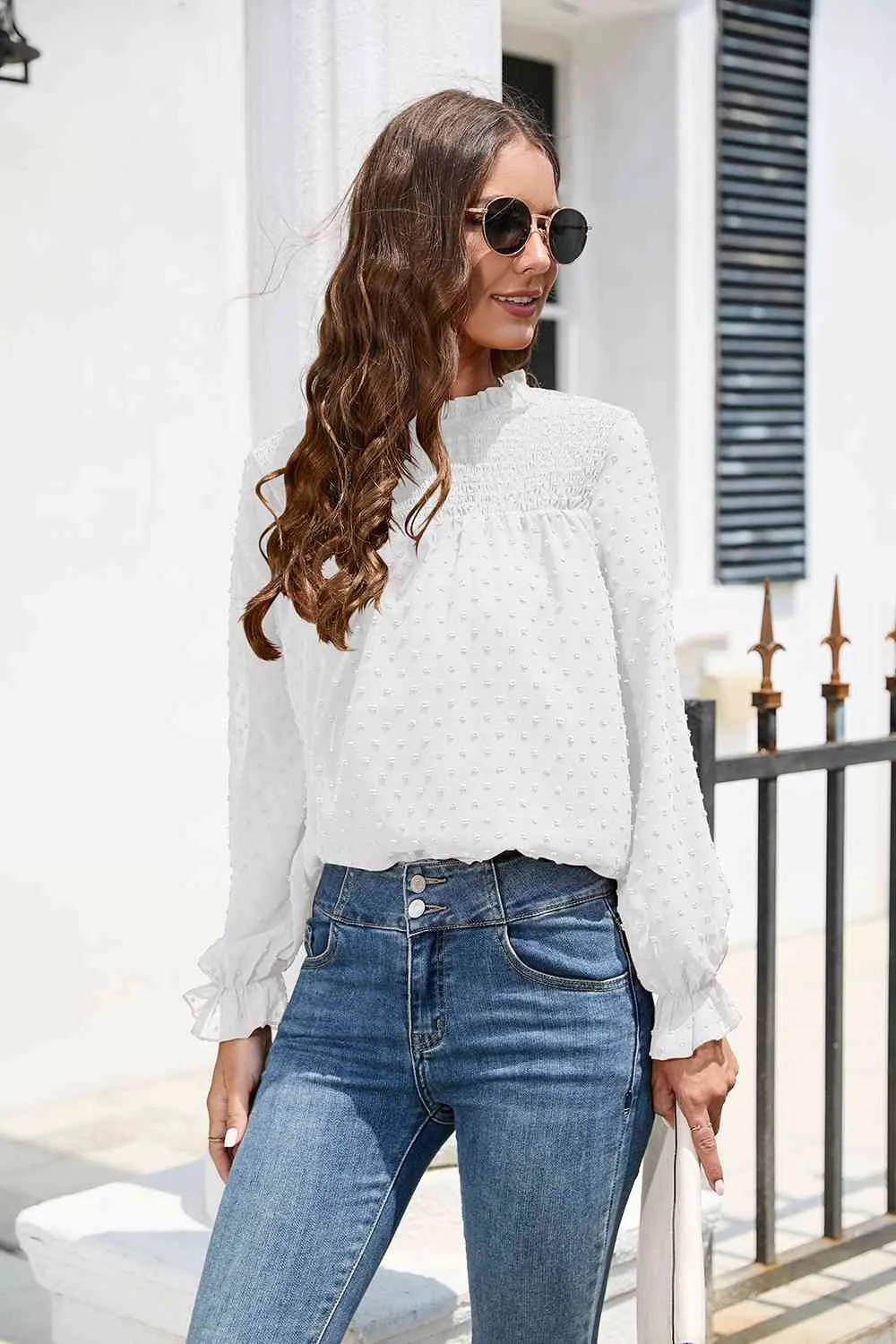 Smocked Mock Neck Swiss Dot Top (10 Colors)