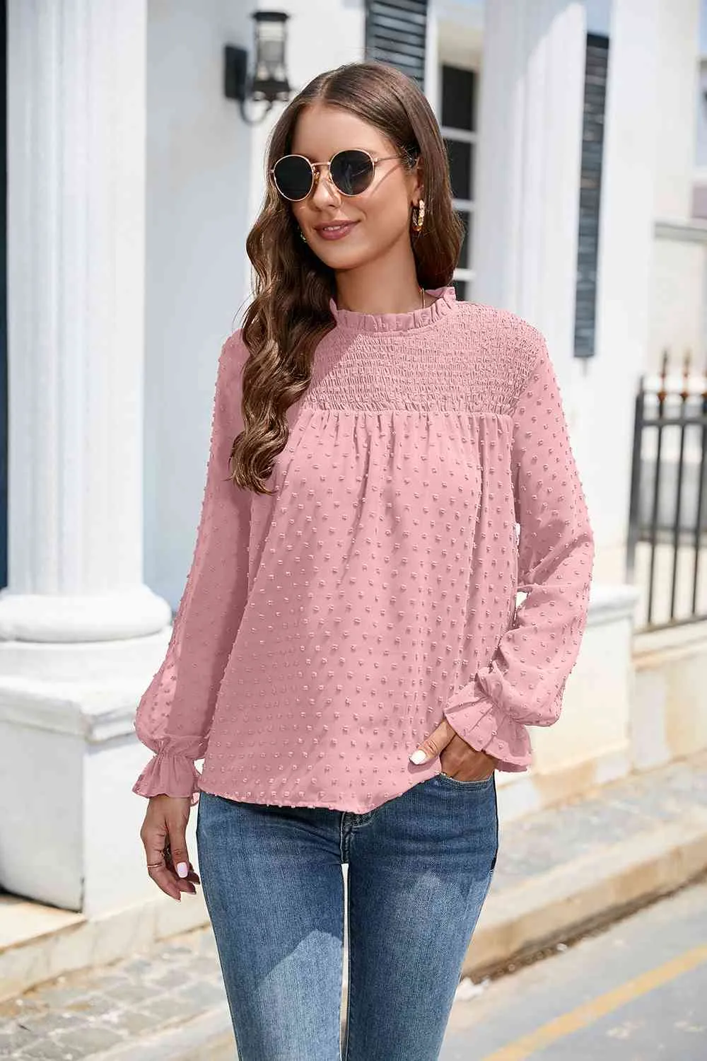 Smocked Mock Neck Swiss Dot Top (10 Colors)