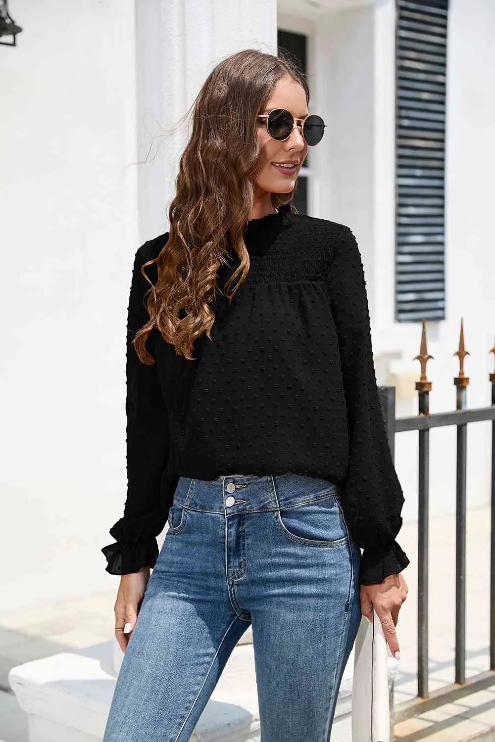 Smocked Mock Neck Swiss Dot Top (10 Colors)