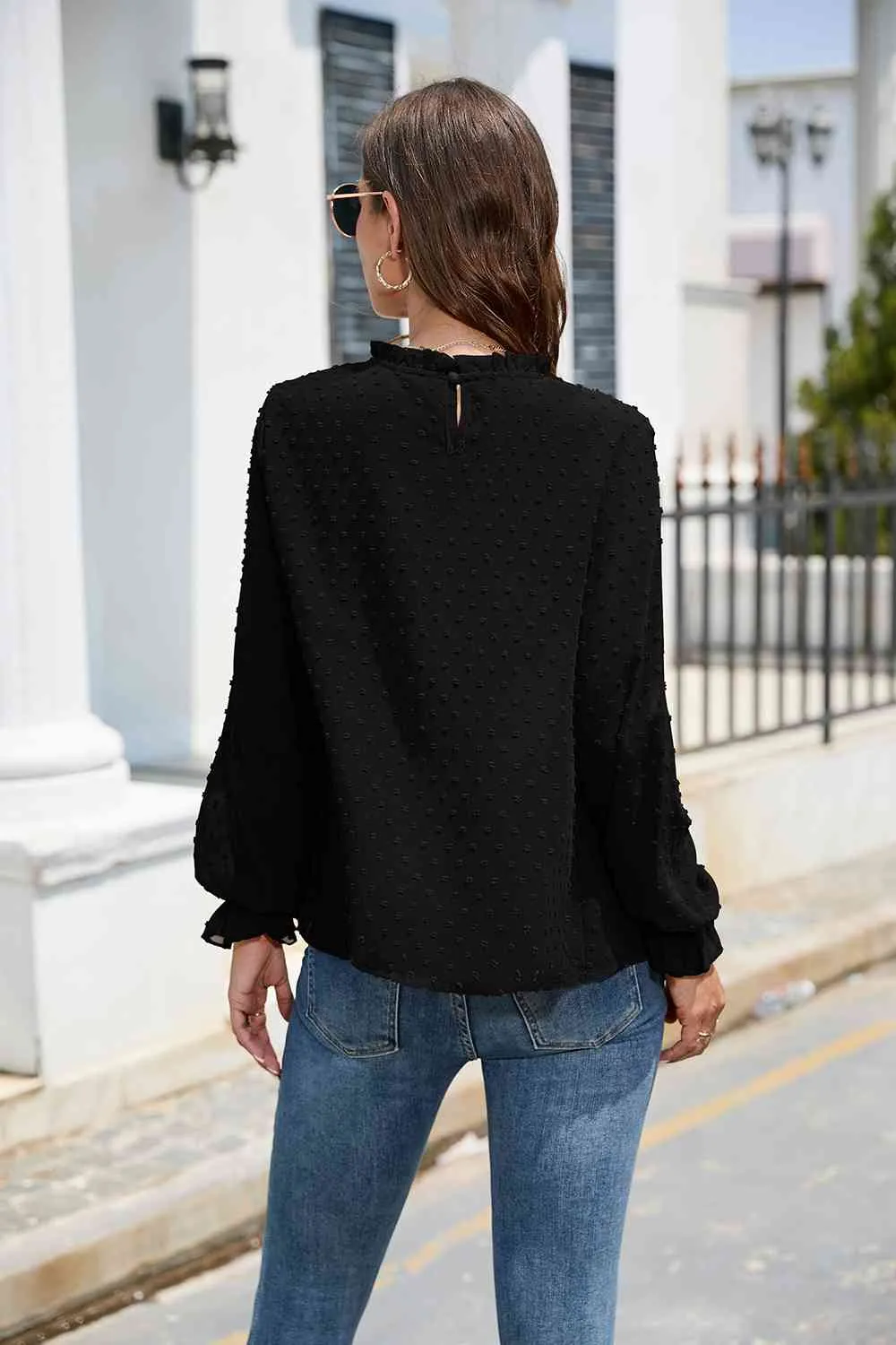 Smocked Mock Neck Swiss Dot Top (10 Colors)