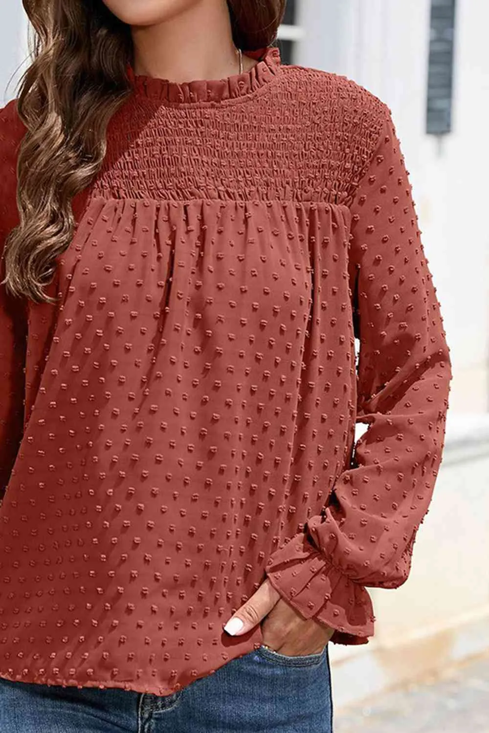 Smocked Mock Neck Swiss Dot Top (10 Colors)