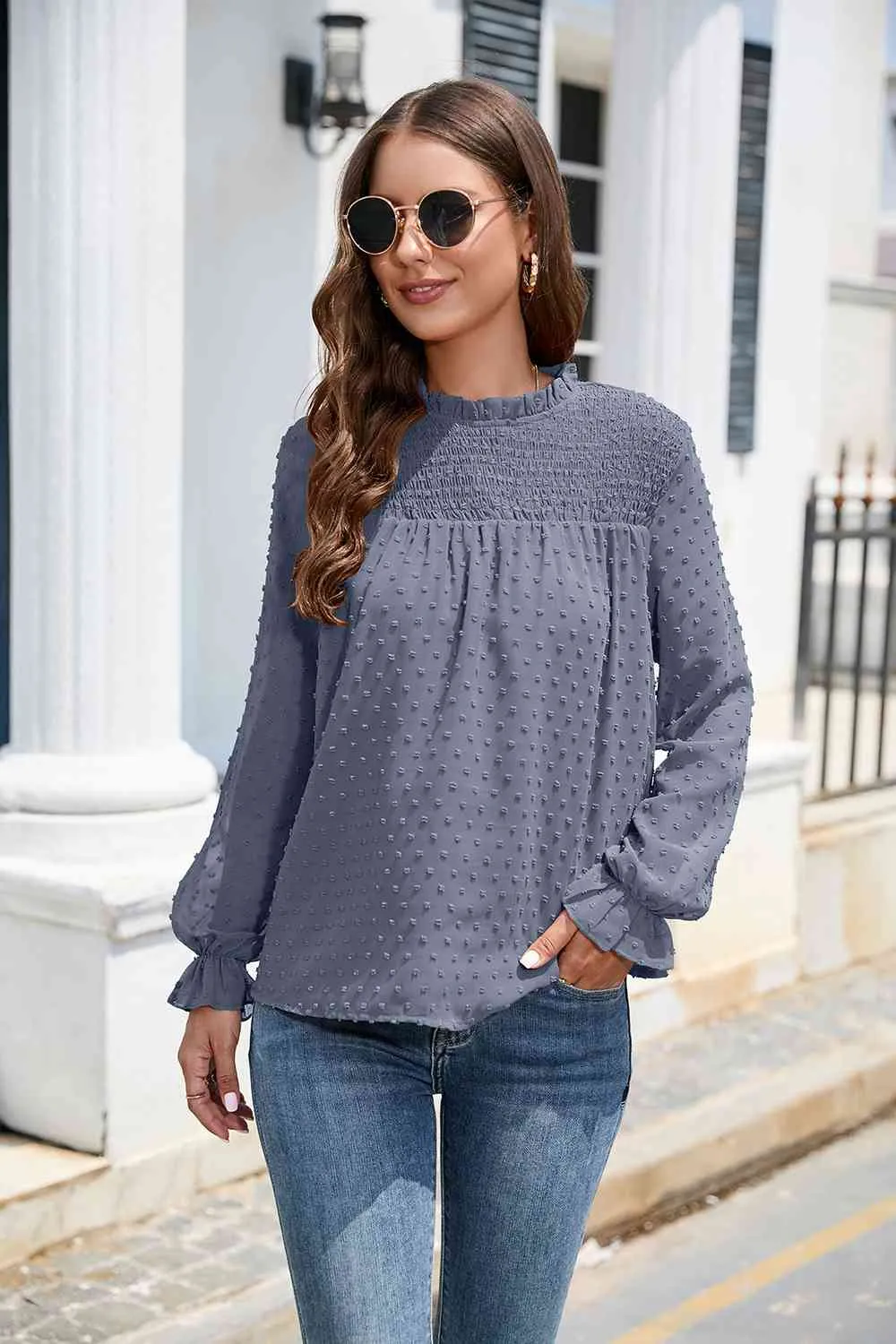 Smocked Mock Neck Swiss Dot Top (10 Colors)
