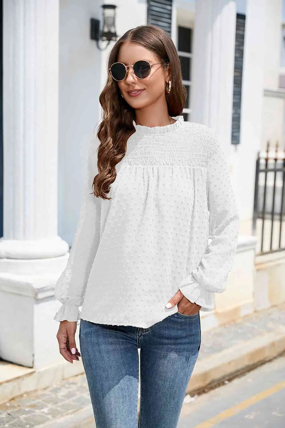 Smocked Mock Neck Swiss Dot Top (10 Colors)