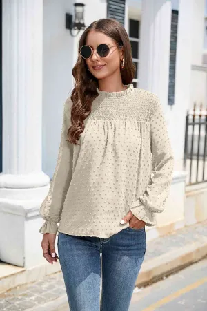 Smocked Mock Neck Swiss Dot Top (10 Colors)
