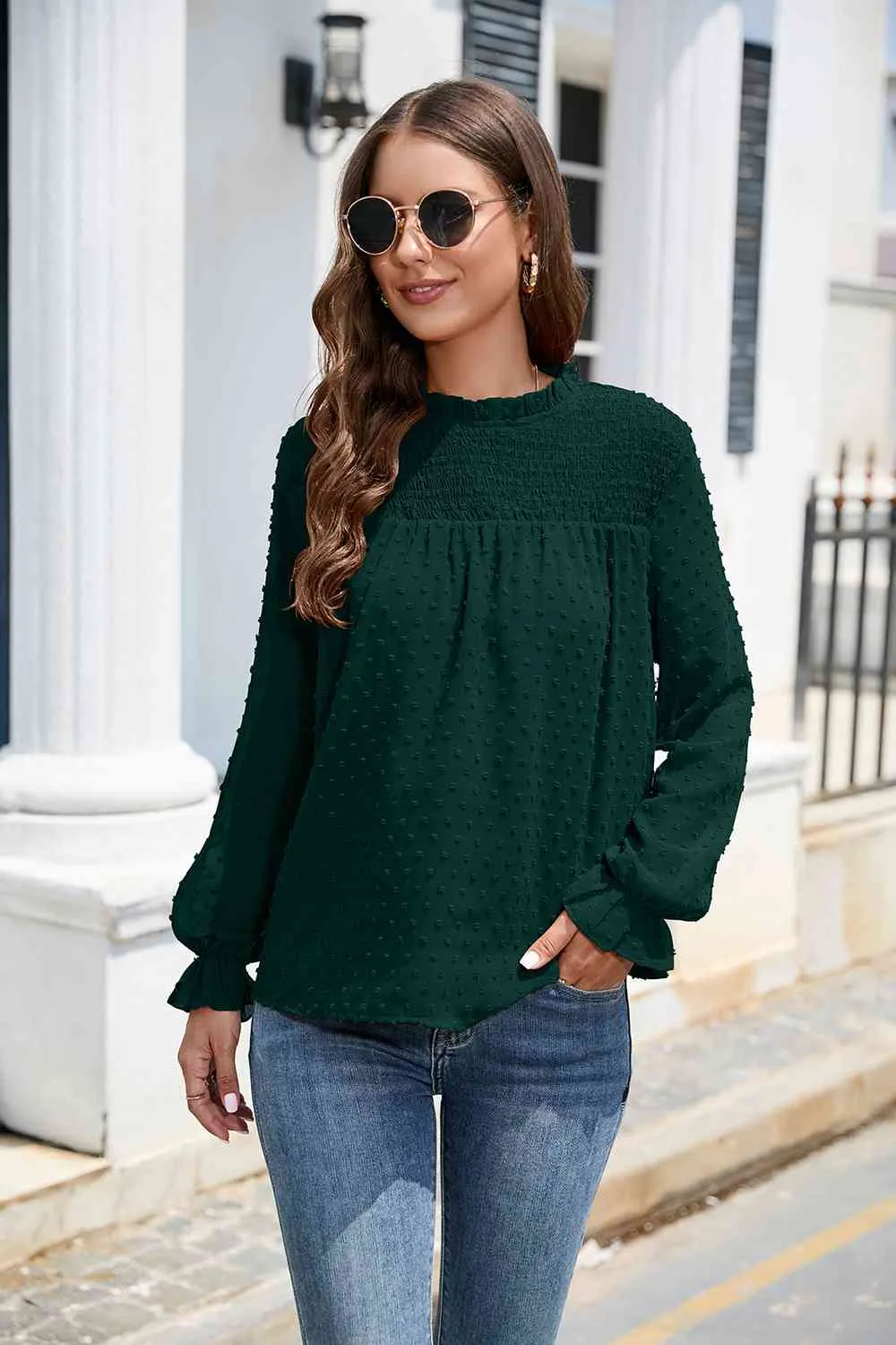 Smocked Mock Neck Swiss Dot Top (10 Colors)