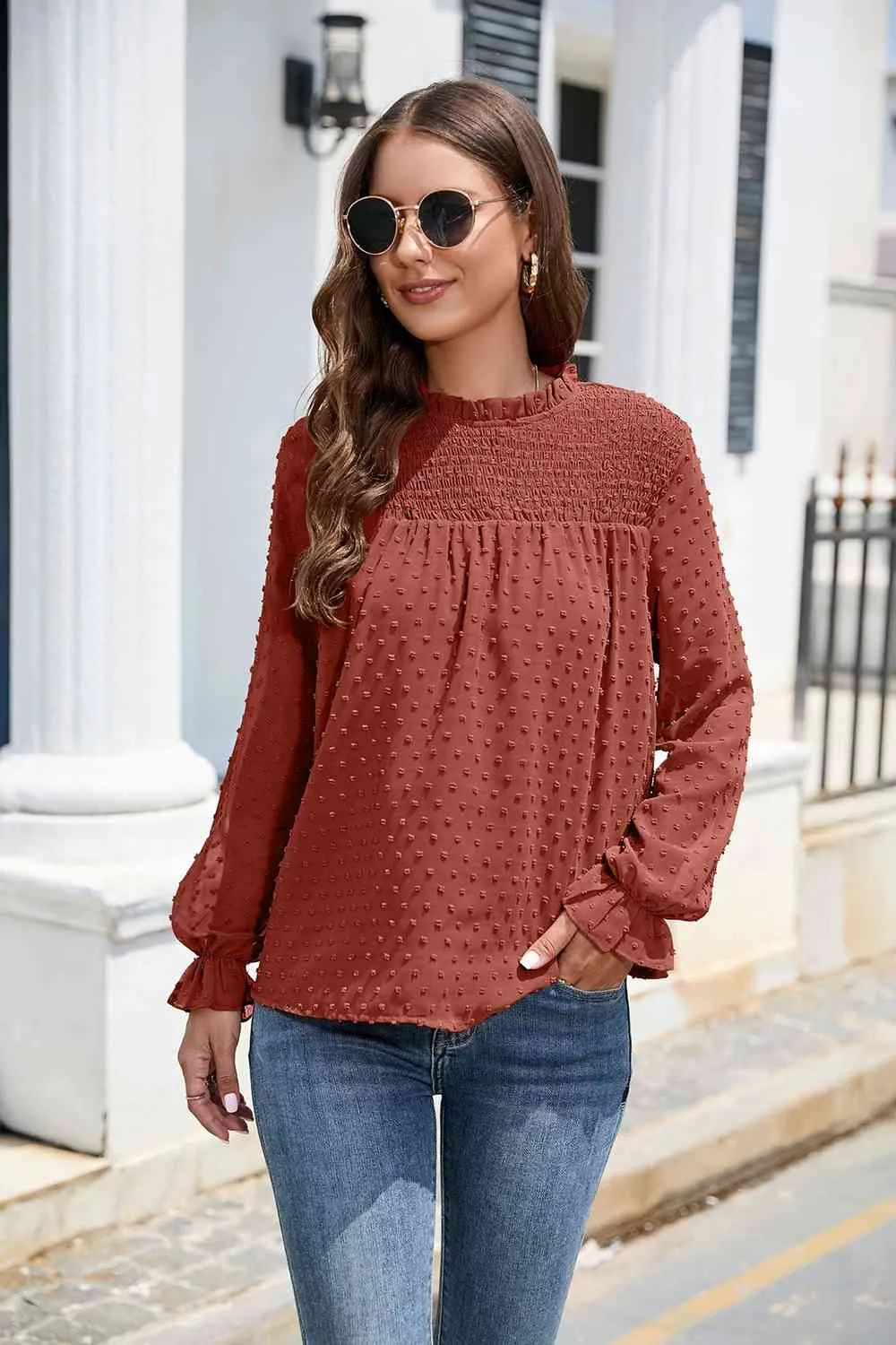 Smocked Mock Neck Swiss Dot Top (10 Colors)