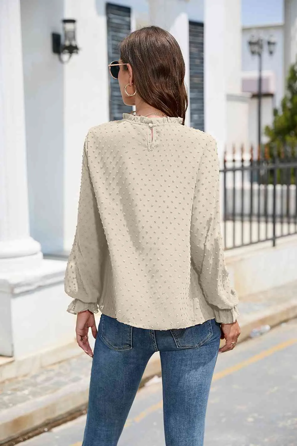 Smocked Mock Neck Swiss Dot Top (10 Colors)