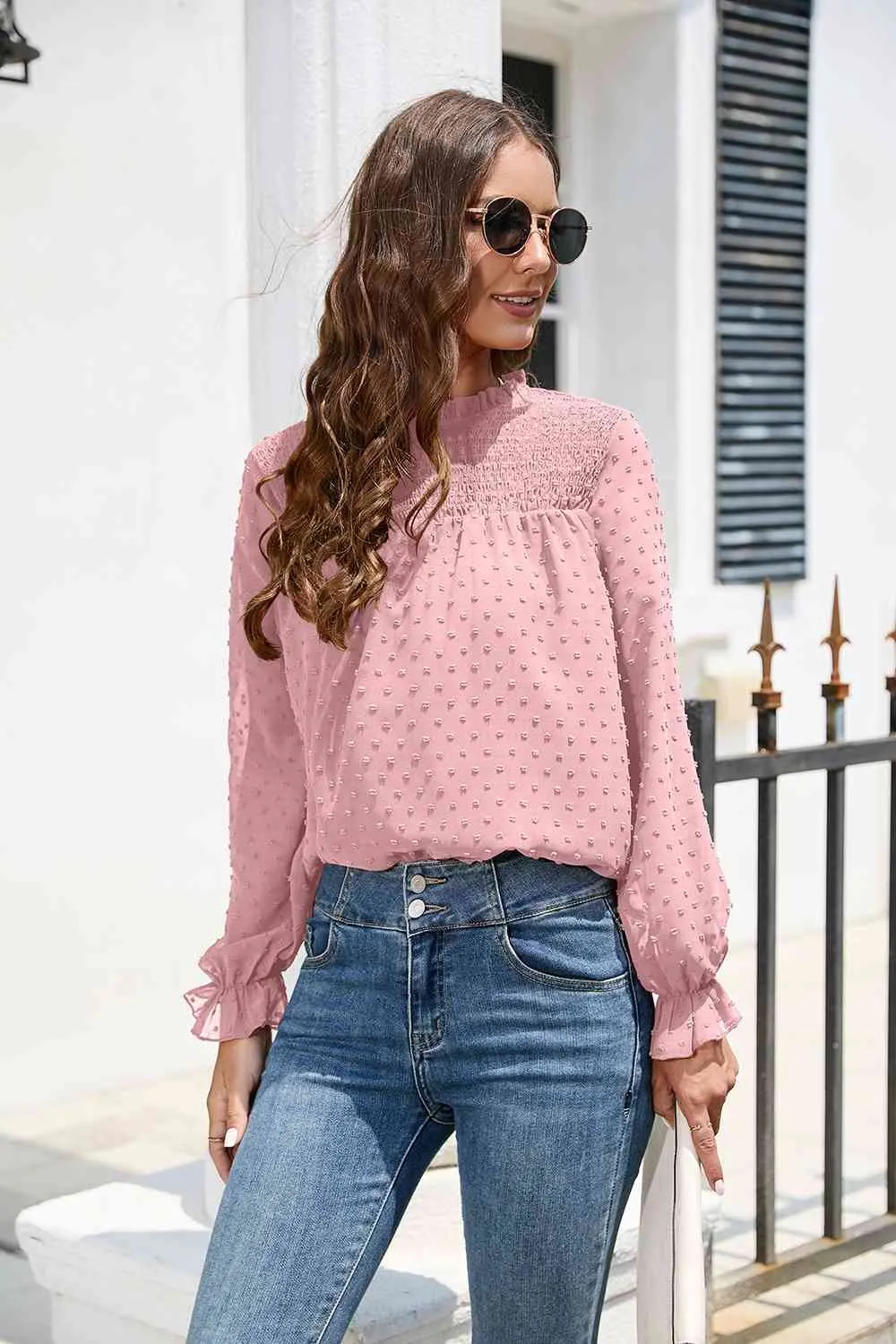 Smocked Mock Neck Swiss Dot Top (10 Colors)