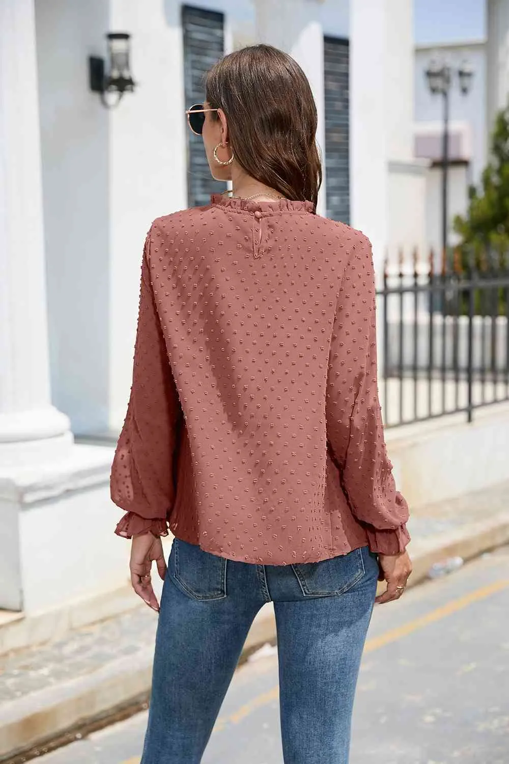 Smocked Mock Neck Swiss Dot Top (10 Colors)