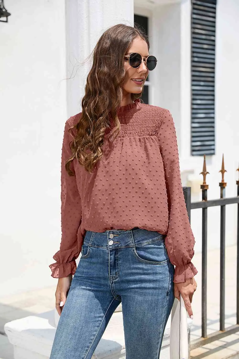 Smocked Mock Neck Swiss Dot Top (10 Colors)
