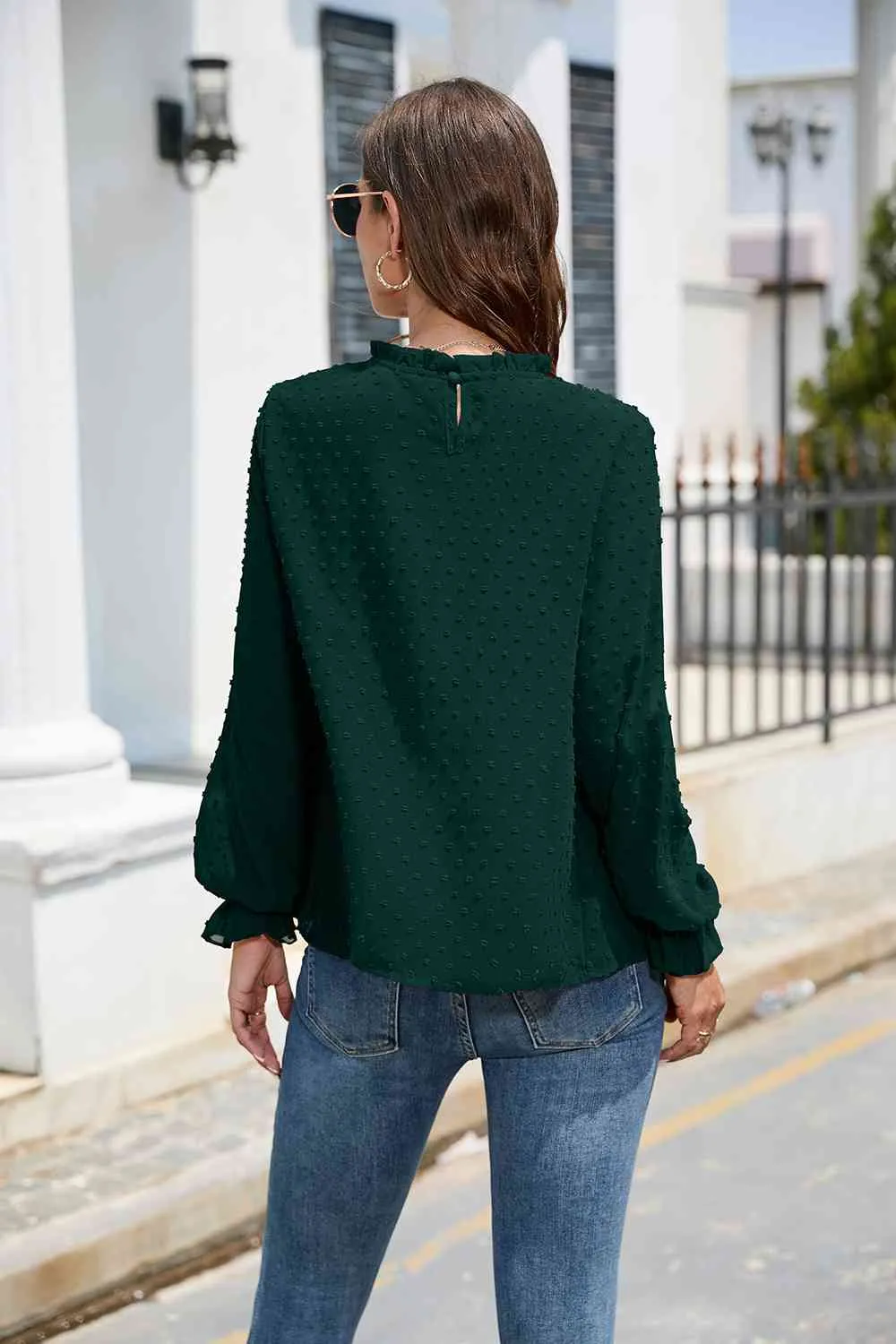 Smocked Mock Neck Swiss Dot Top (10 Colors)