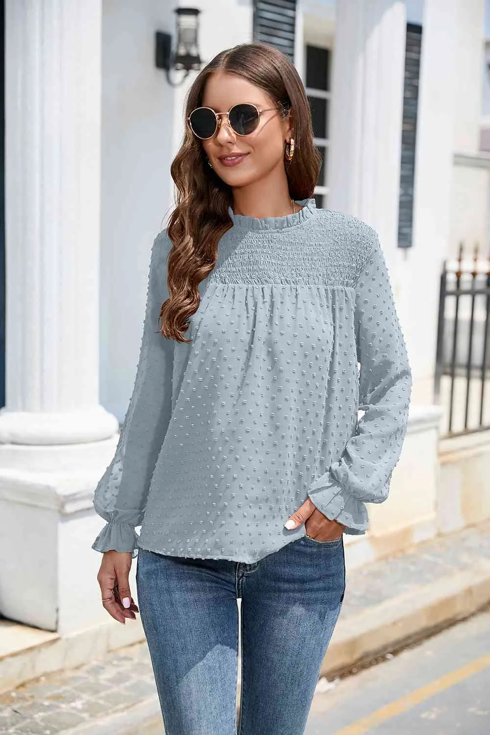 Smocked Mock Neck Swiss Dot Top (10 Colors)