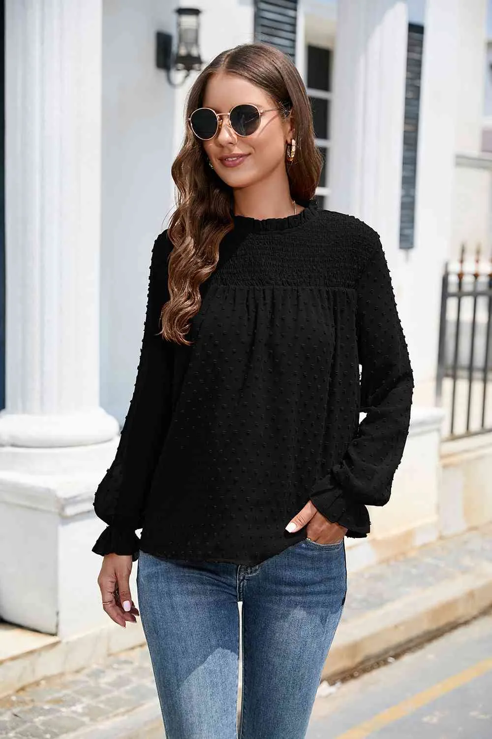 Smocked Mock Neck Swiss Dot Top (10 Colors)