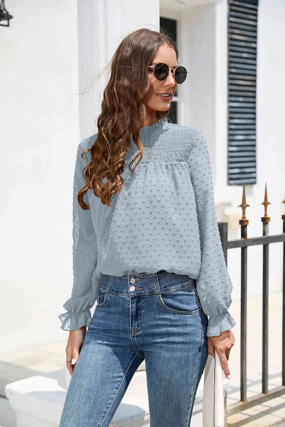 Smocked Mock Neck Swiss Dot Top (10 Colors)