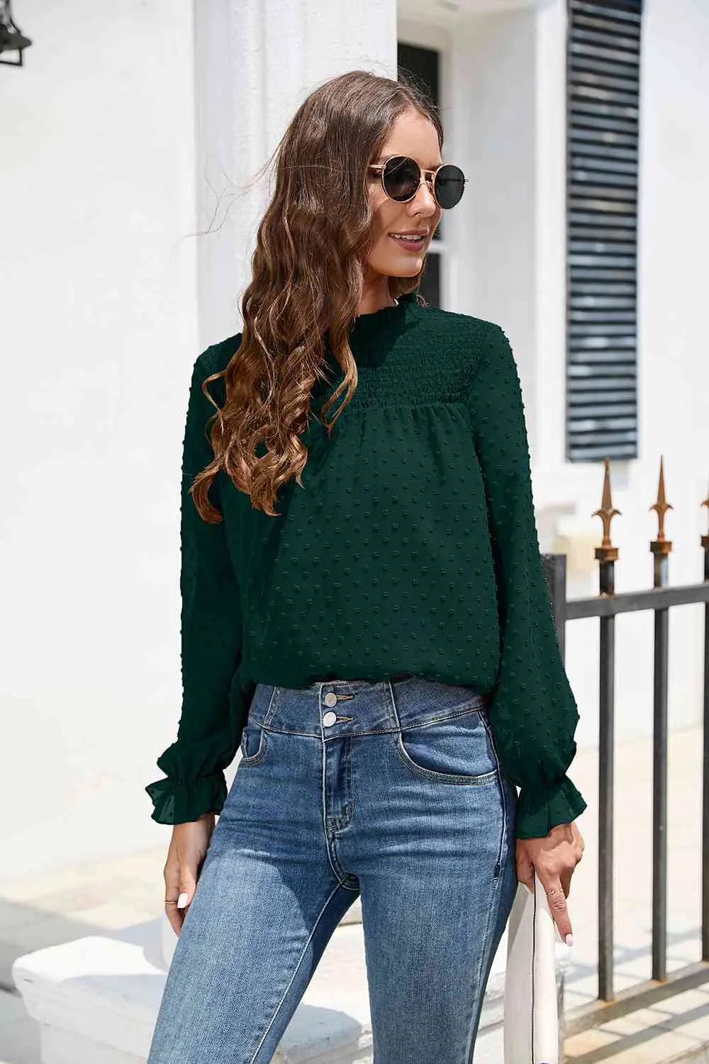 Smocked Mock Neck Swiss Dot Top (10 Colors)