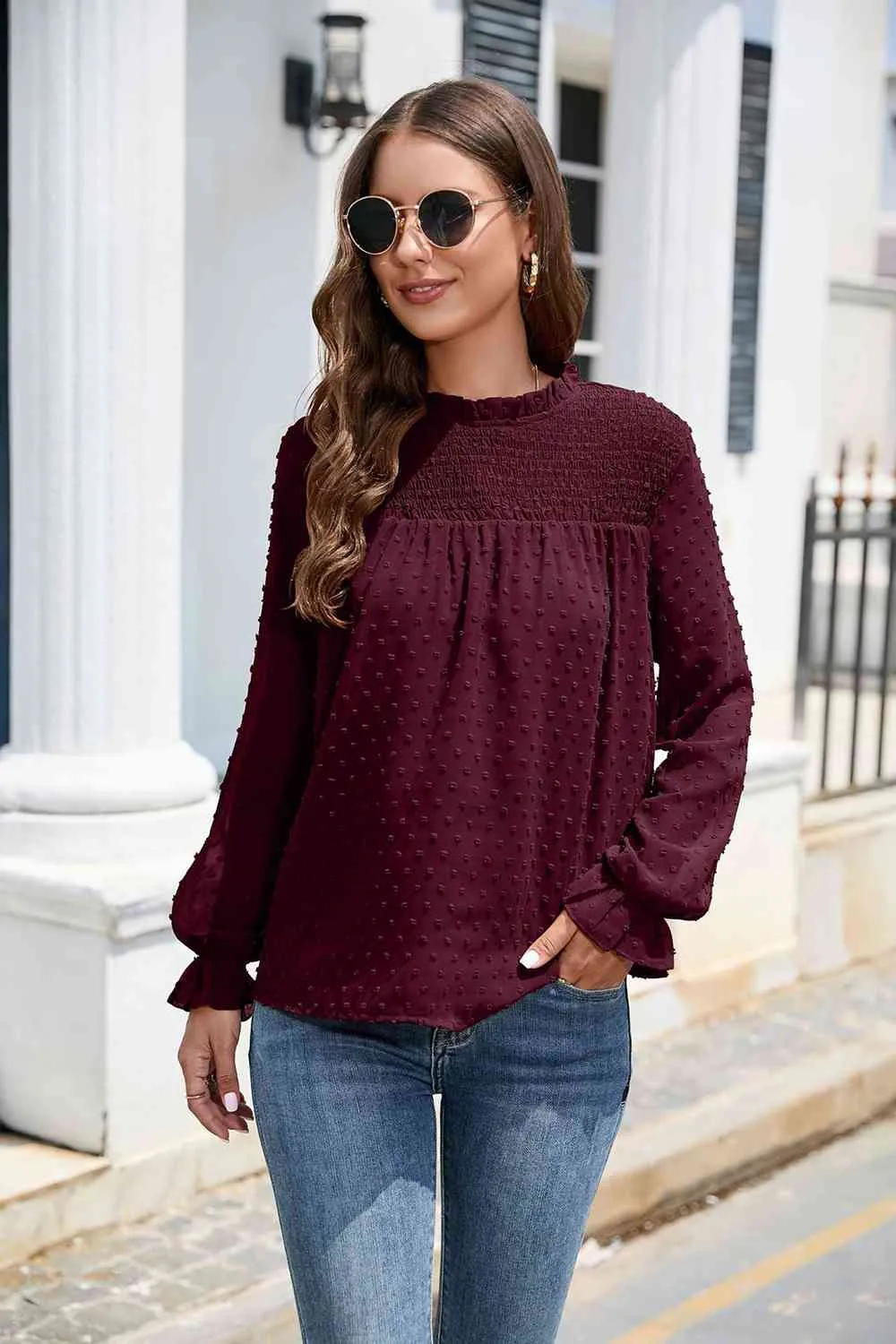 Smocked Mock Neck Swiss Dot Top (10 Colors)