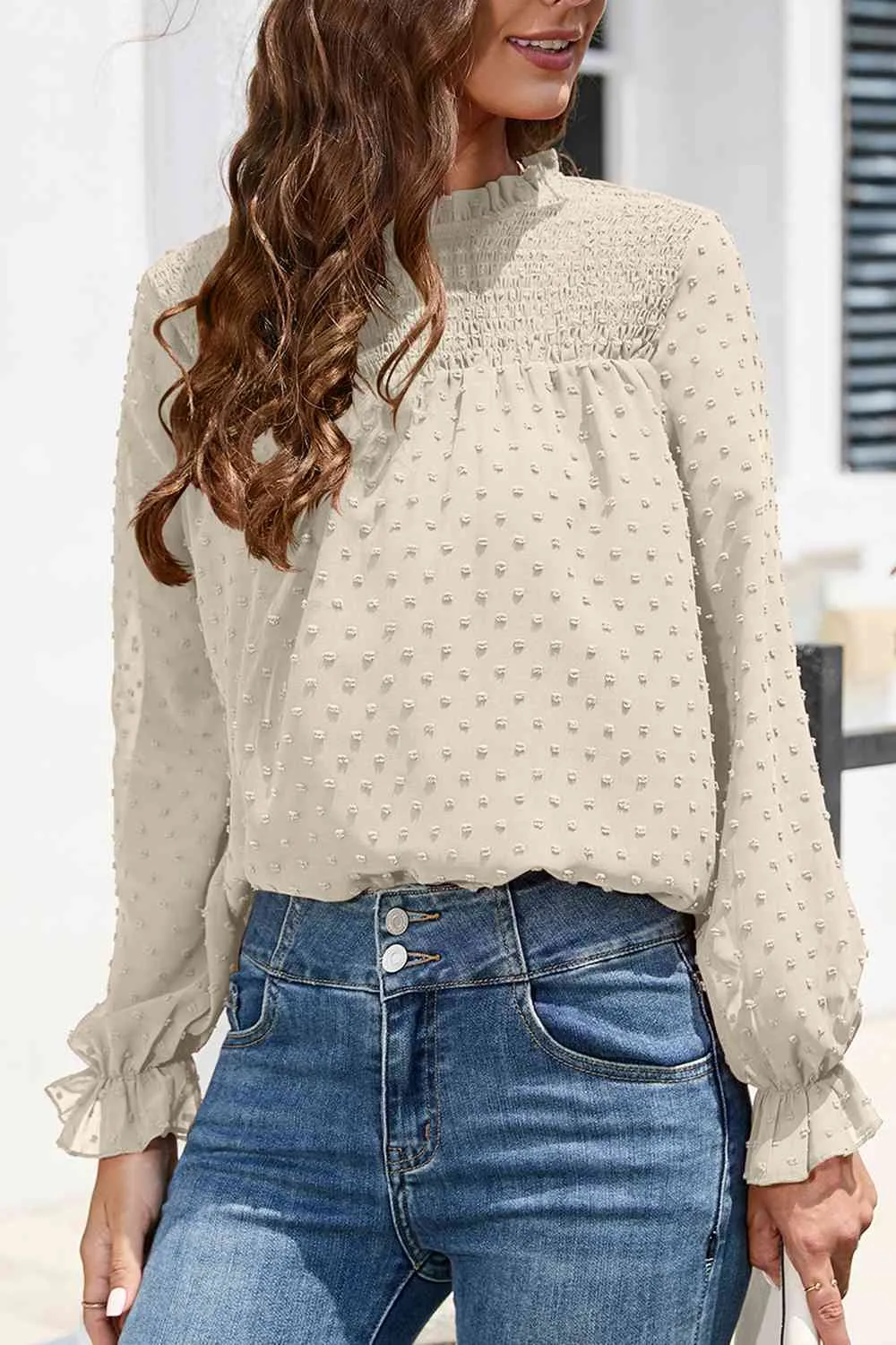 Smocked Mock Neck Swiss Dot Top (10 Colors)