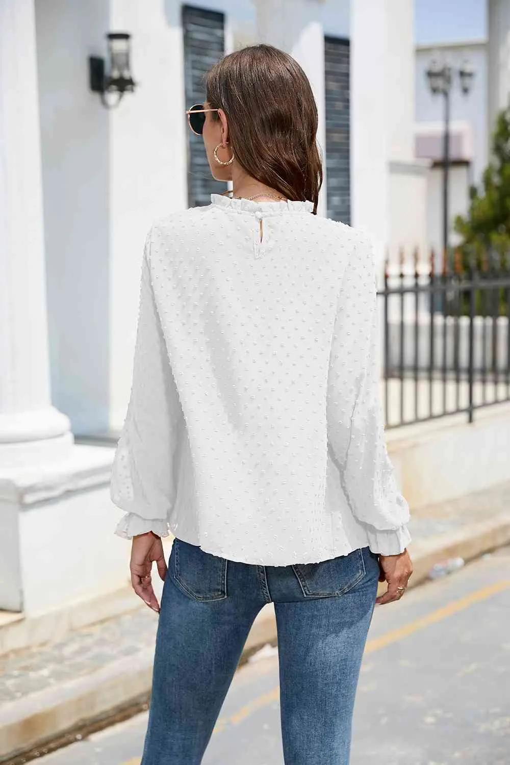 Smocked Mock Neck Swiss Dot Top (10 Colors)