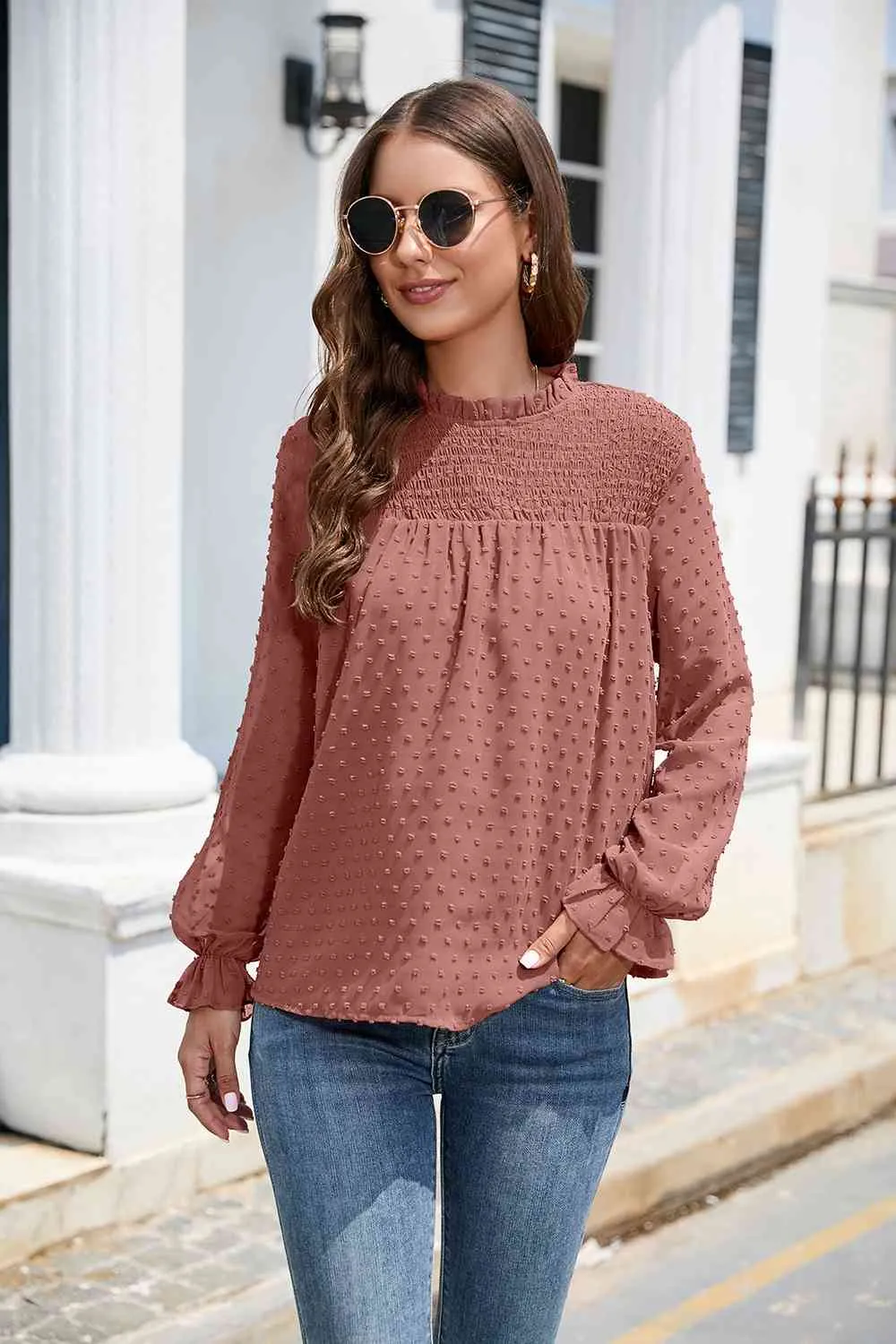 Smocked Mock Neck Swiss Dot Top (10 Colors)