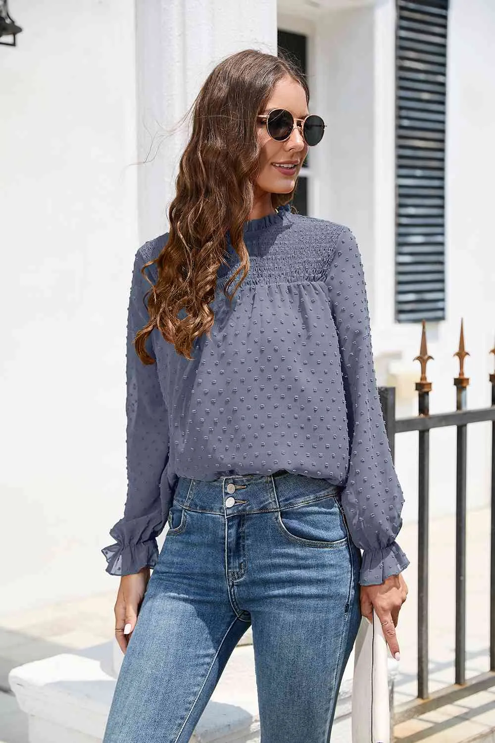 Smocked Mock Neck Swiss Dot Top (10 Colors)