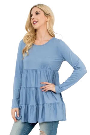 Solid Long Sleeve Tiered Top Dusty Blue - Pack of 4