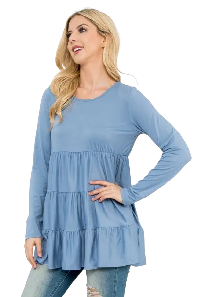 Solid Long Sleeve Tiered Top Dusty Blue - Pack of 4