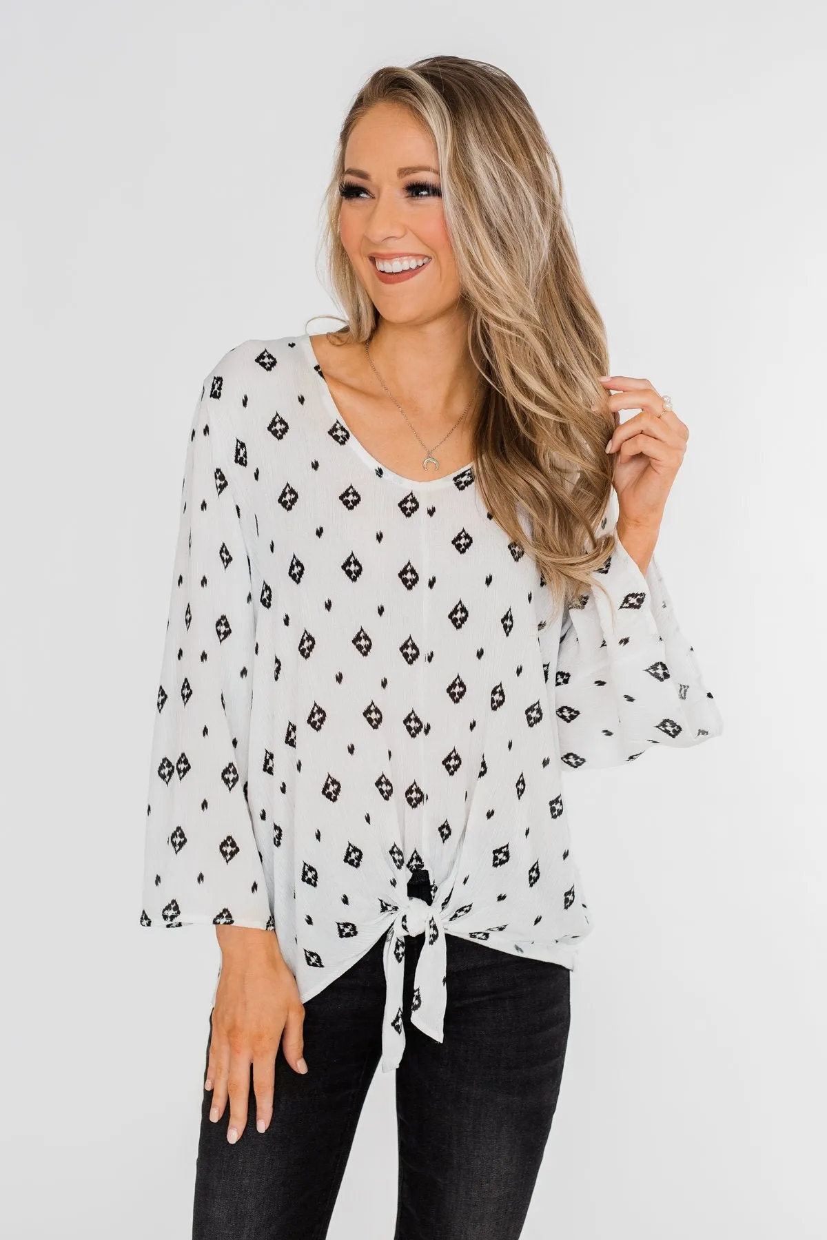 Something About You Printed Tie Blouse- White