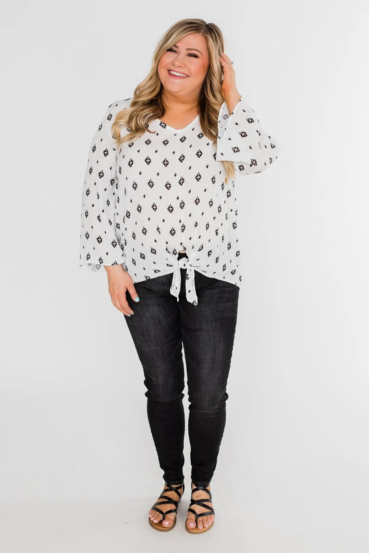 Something About You Printed Tie Blouse- White