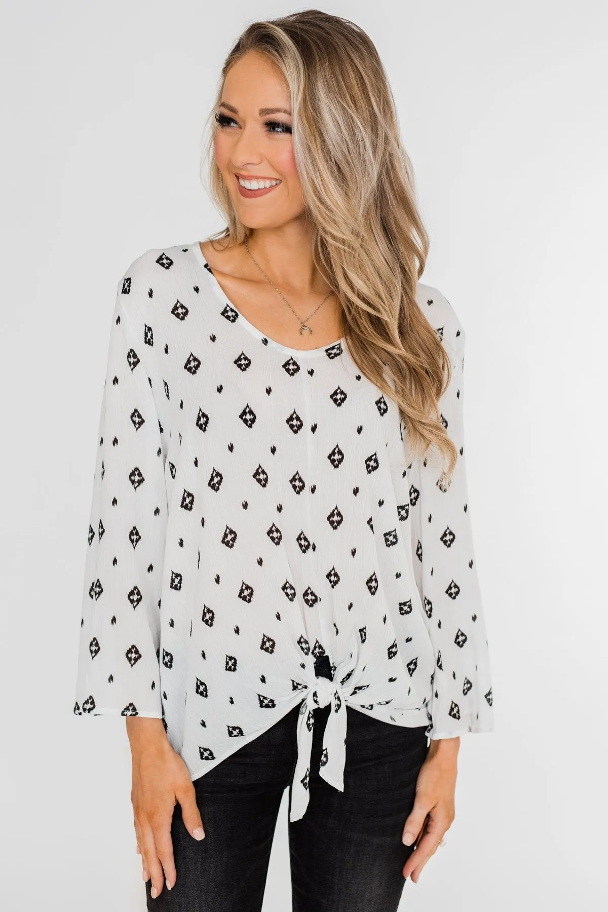 Something About You Printed Tie Blouse- White
