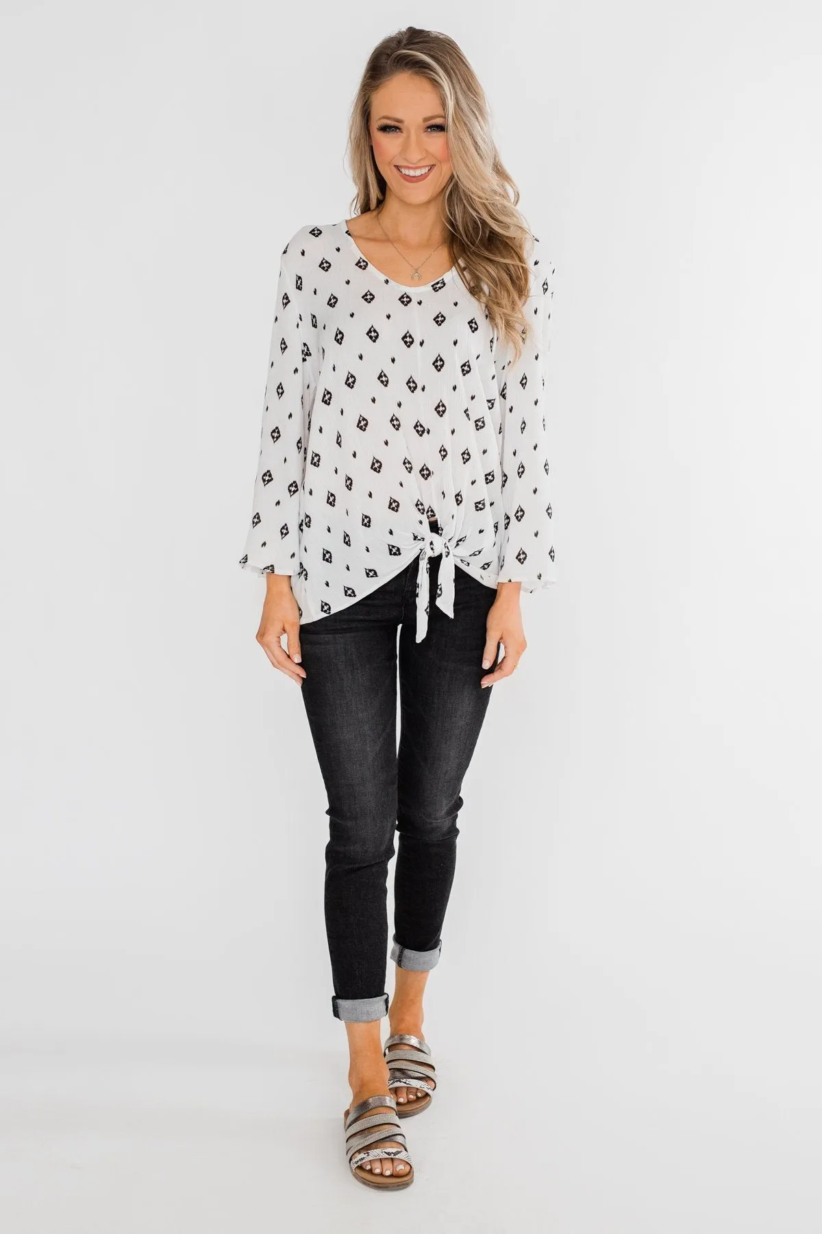 Something About You Printed Tie Blouse- White