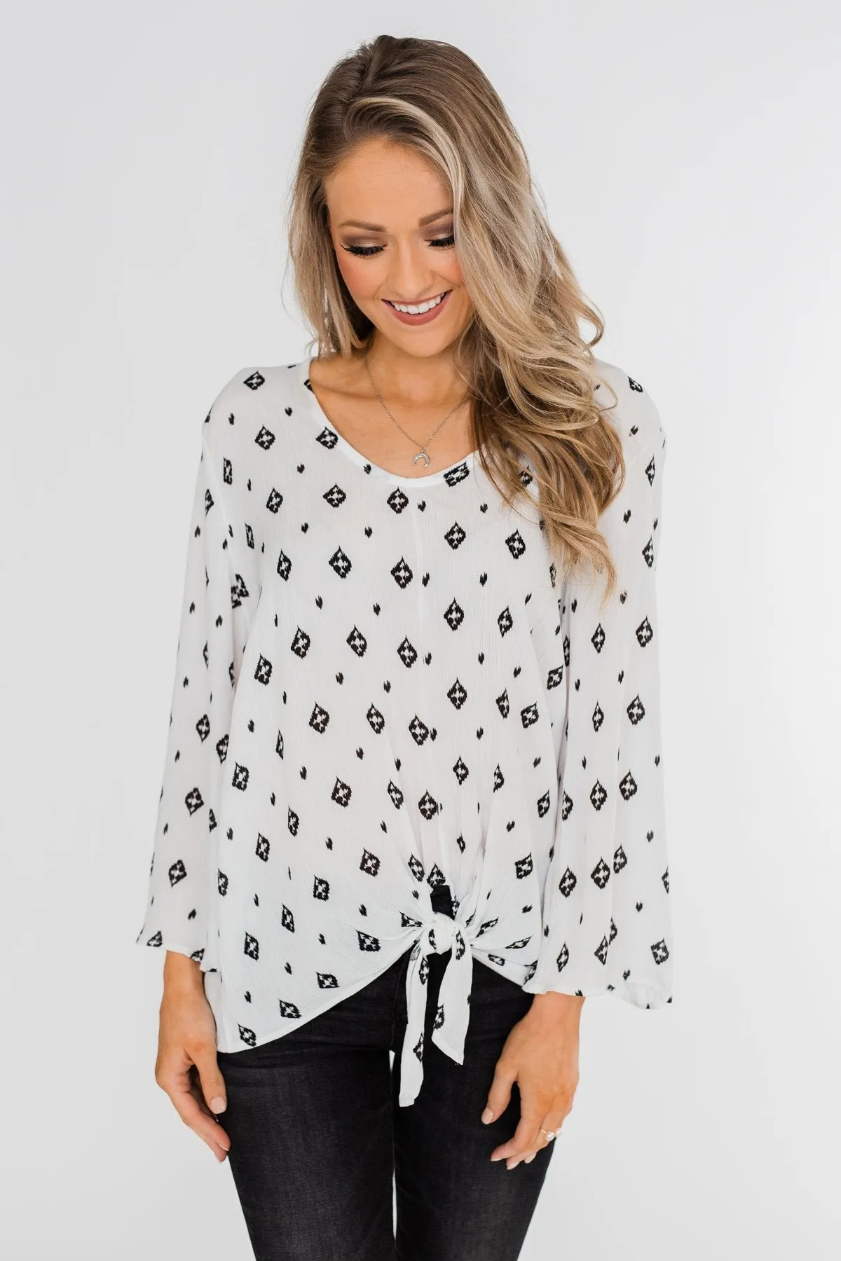 Something About You Printed Tie Blouse- White
