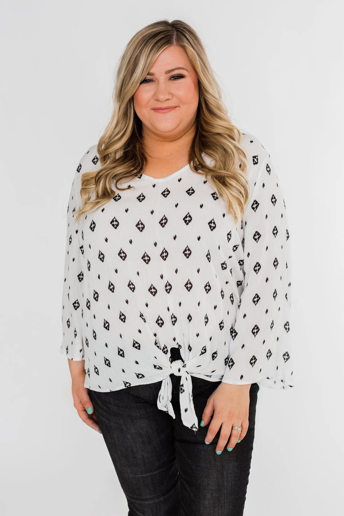 Something About You Printed Tie Blouse- White