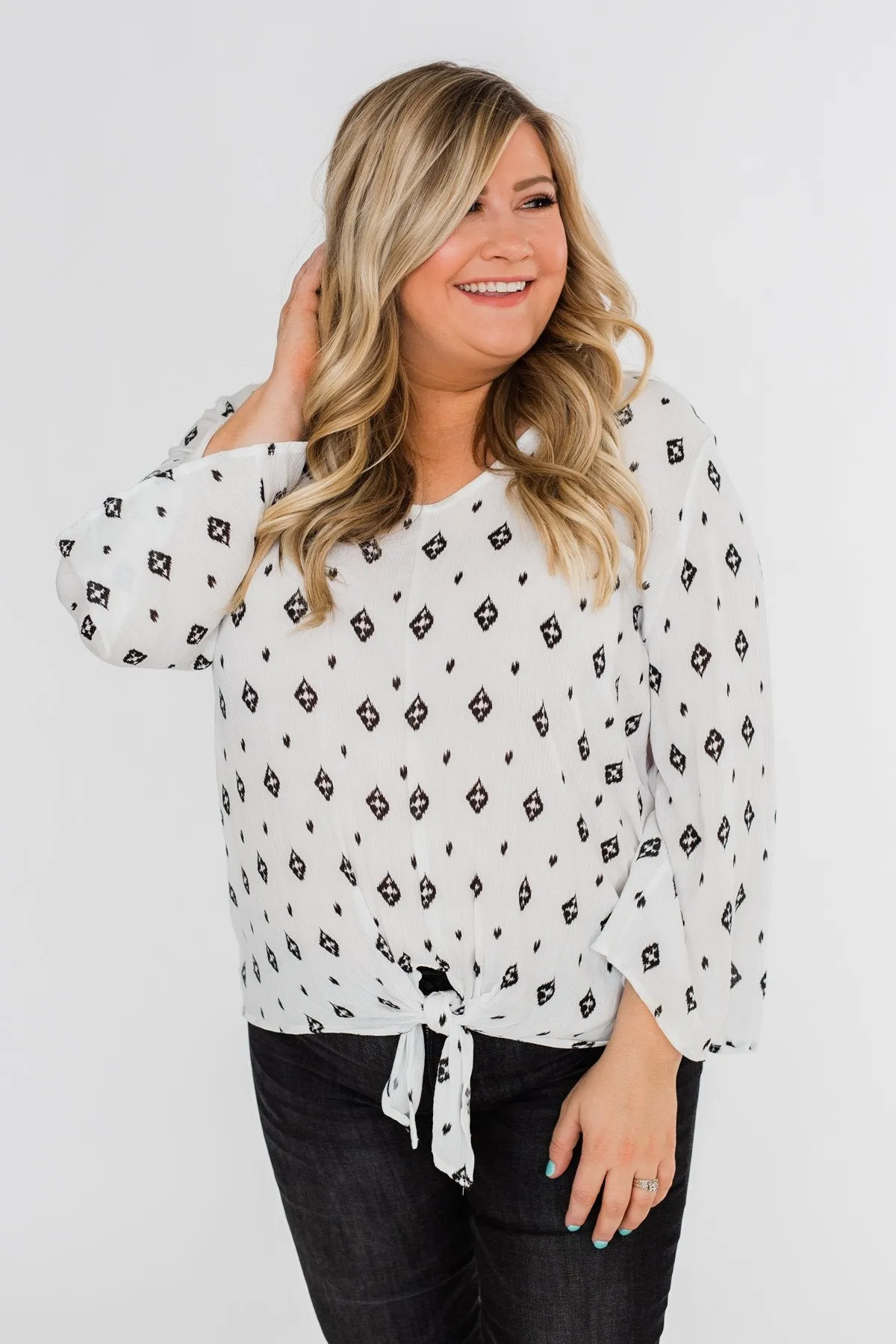 Something About You Printed Tie Blouse- White