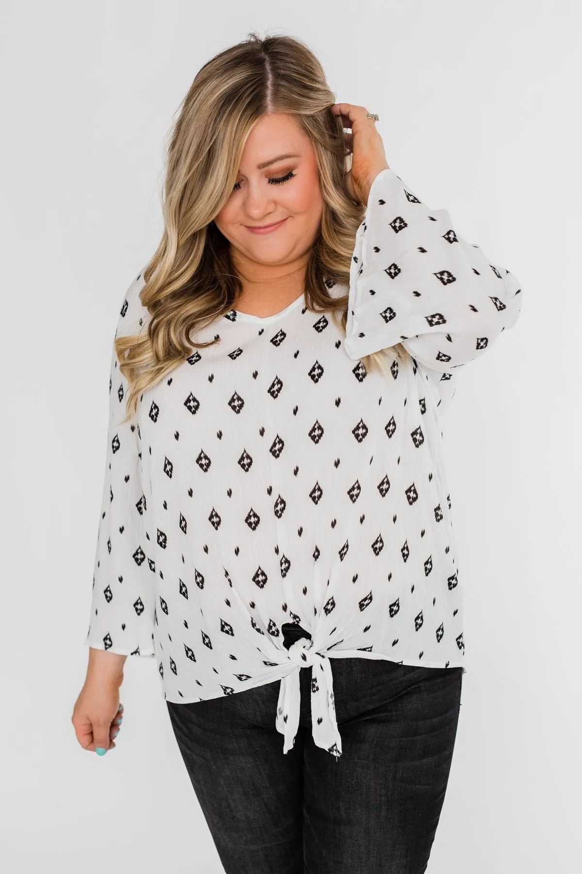 Something About You Printed Tie Blouse- White