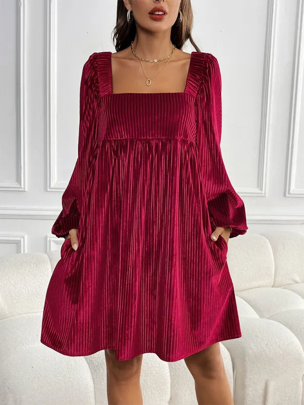 Square Neck Velvet Dress with Striped Pattern and Puff Sleeves