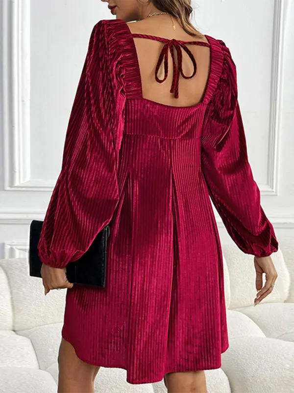 Square Neck Velvet Dress with Striped Pattern and Puff Sleeves