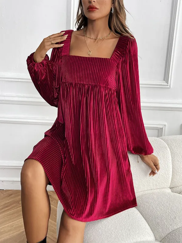 Square Neck Velvet Dress with Striped Pattern and Puff Sleeves