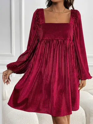 Square Neck Velvet Dress with Striped Pattern and Puff Sleeves