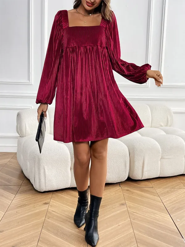 Square Neck Velvet Dress with Striped Pattern and Puff Sleeves