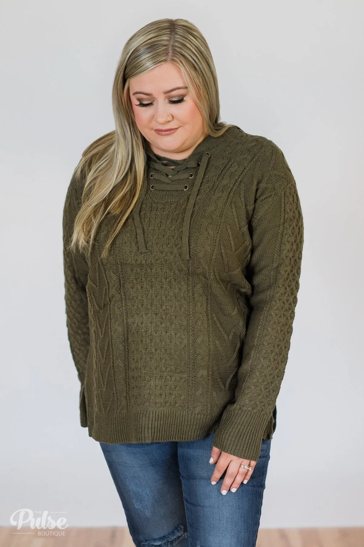 Stay Awhile Lace Up Hooded Sweater- Forest