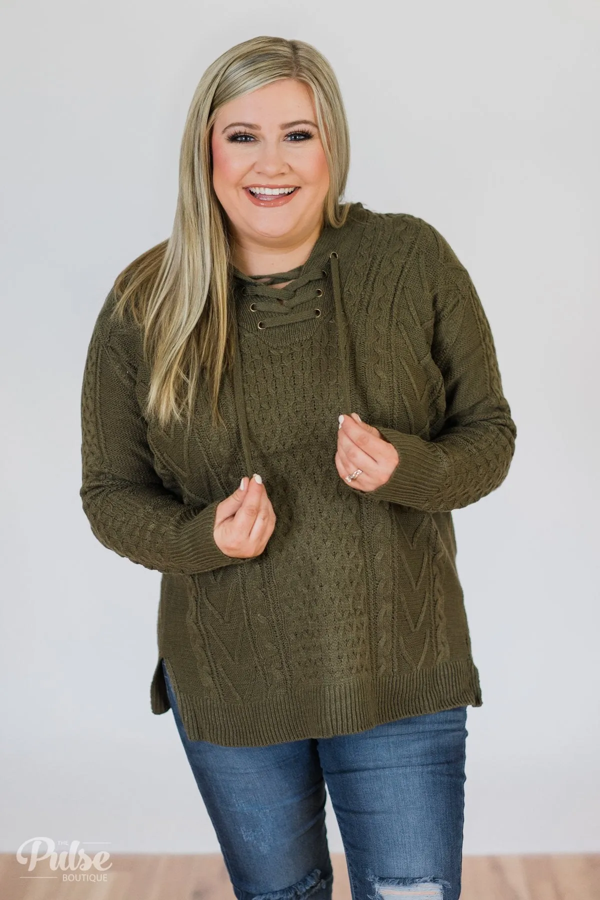 Stay Awhile Lace Up Hooded Sweater- Forest