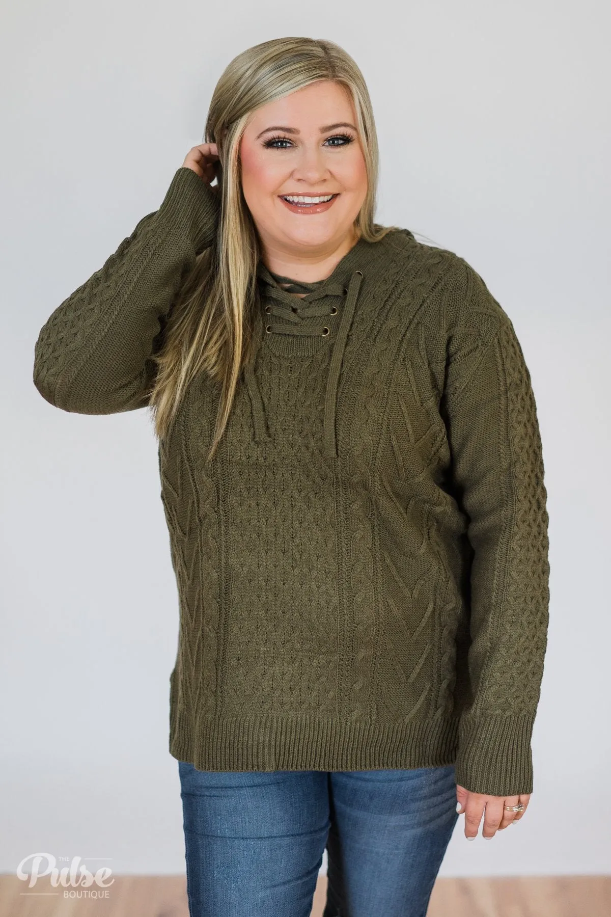 Stay Awhile Lace Up Hooded Sweater- Forest