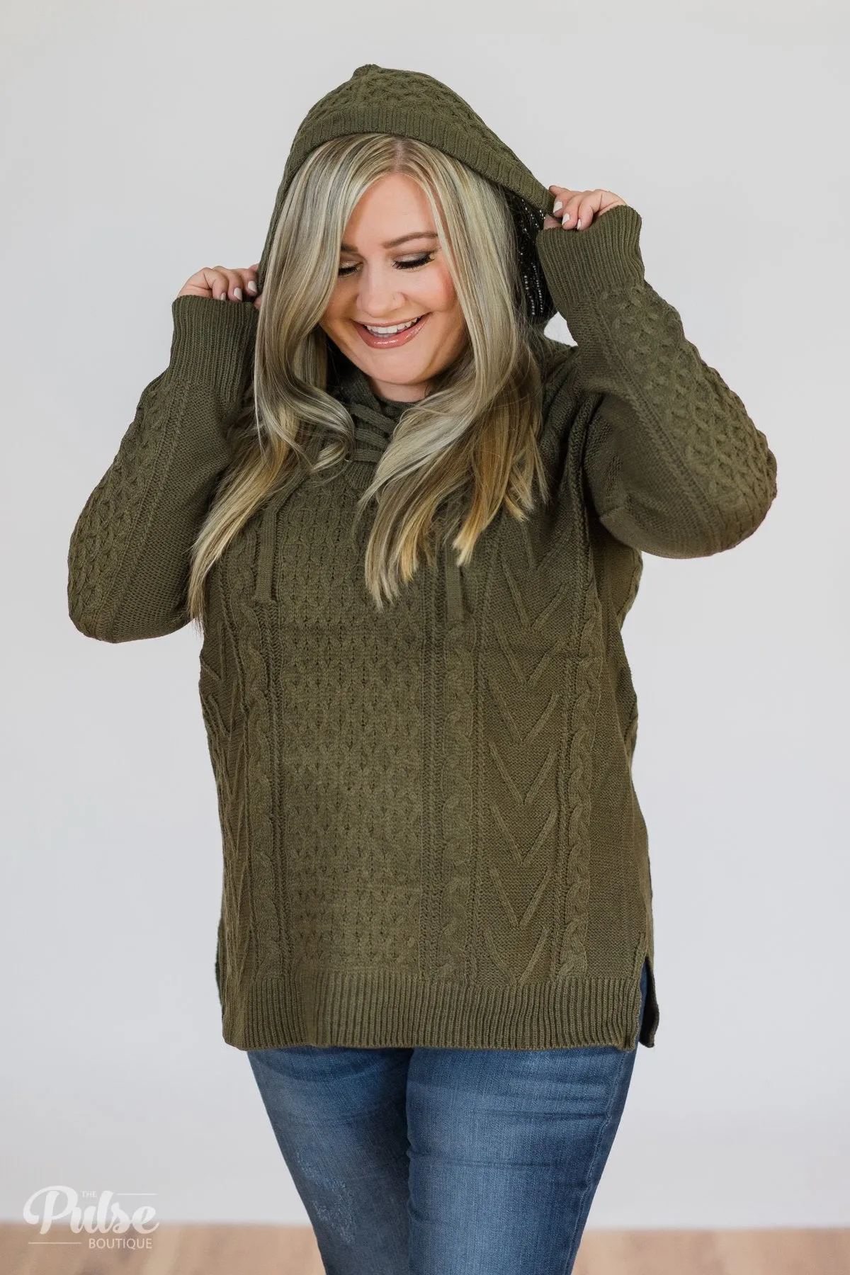 Stay Awhile Lace Up Hooded Sweater- Forest