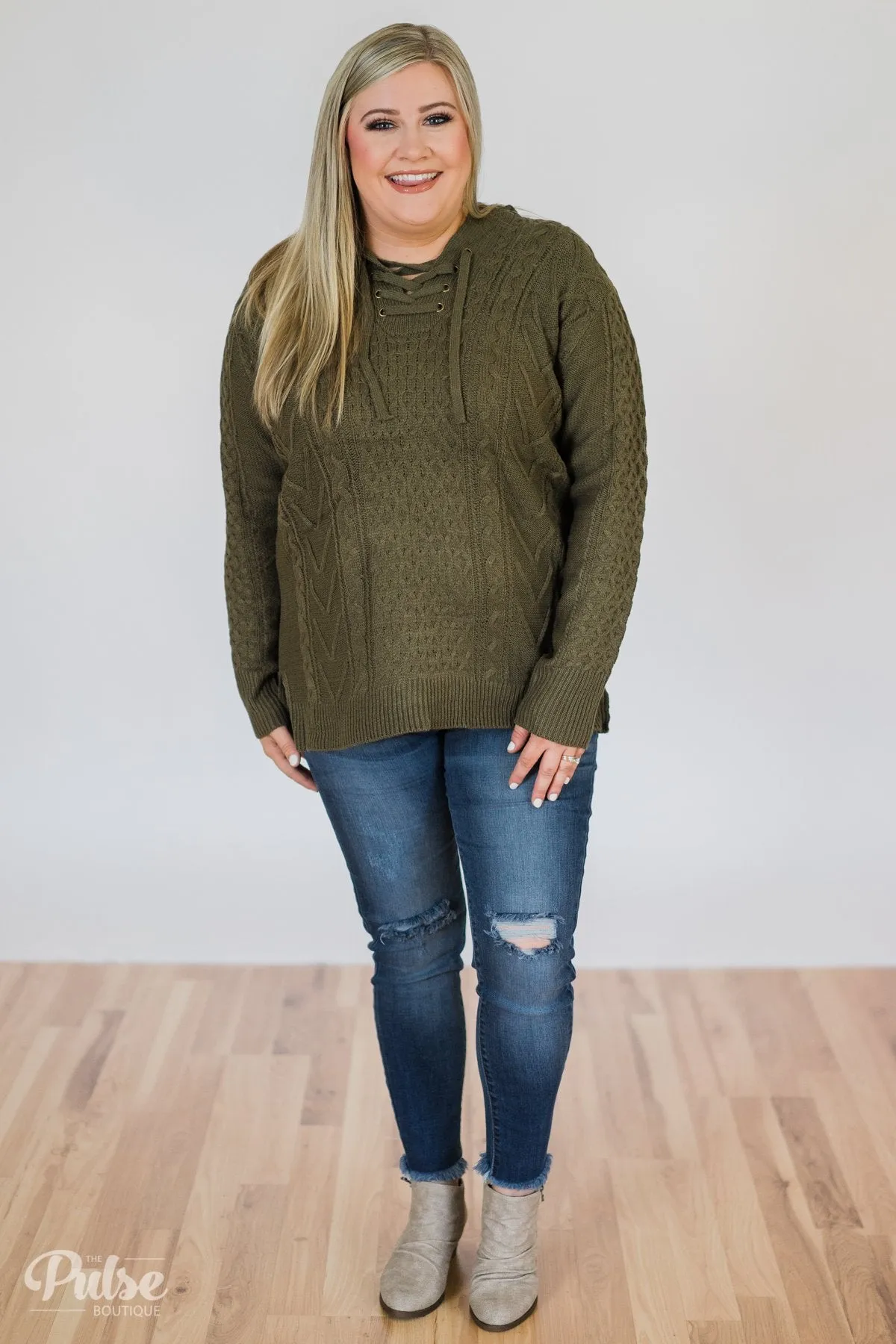 Stay Awhile Lace Up Hooded Sweater- Forest