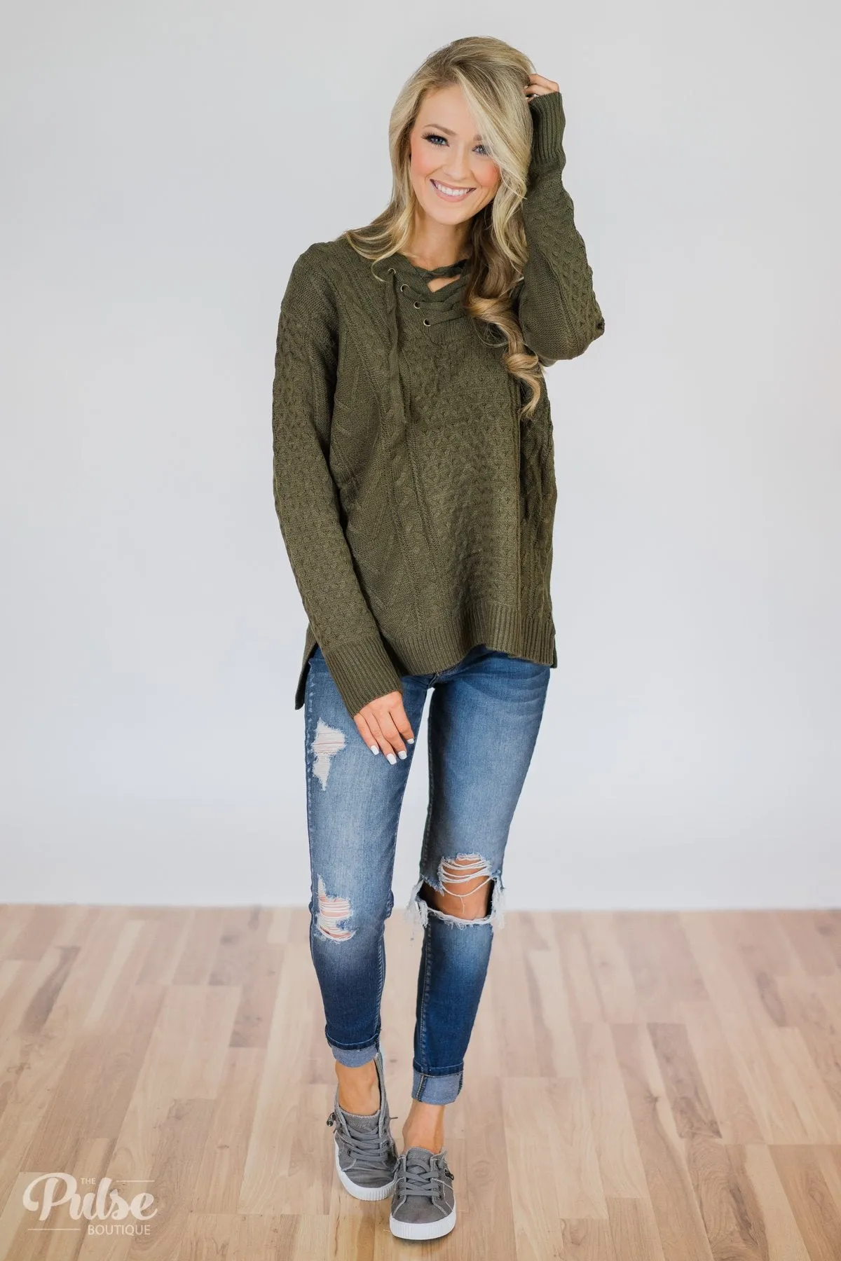 Stay Awhile Lace Up Hooded Sweater- Forest