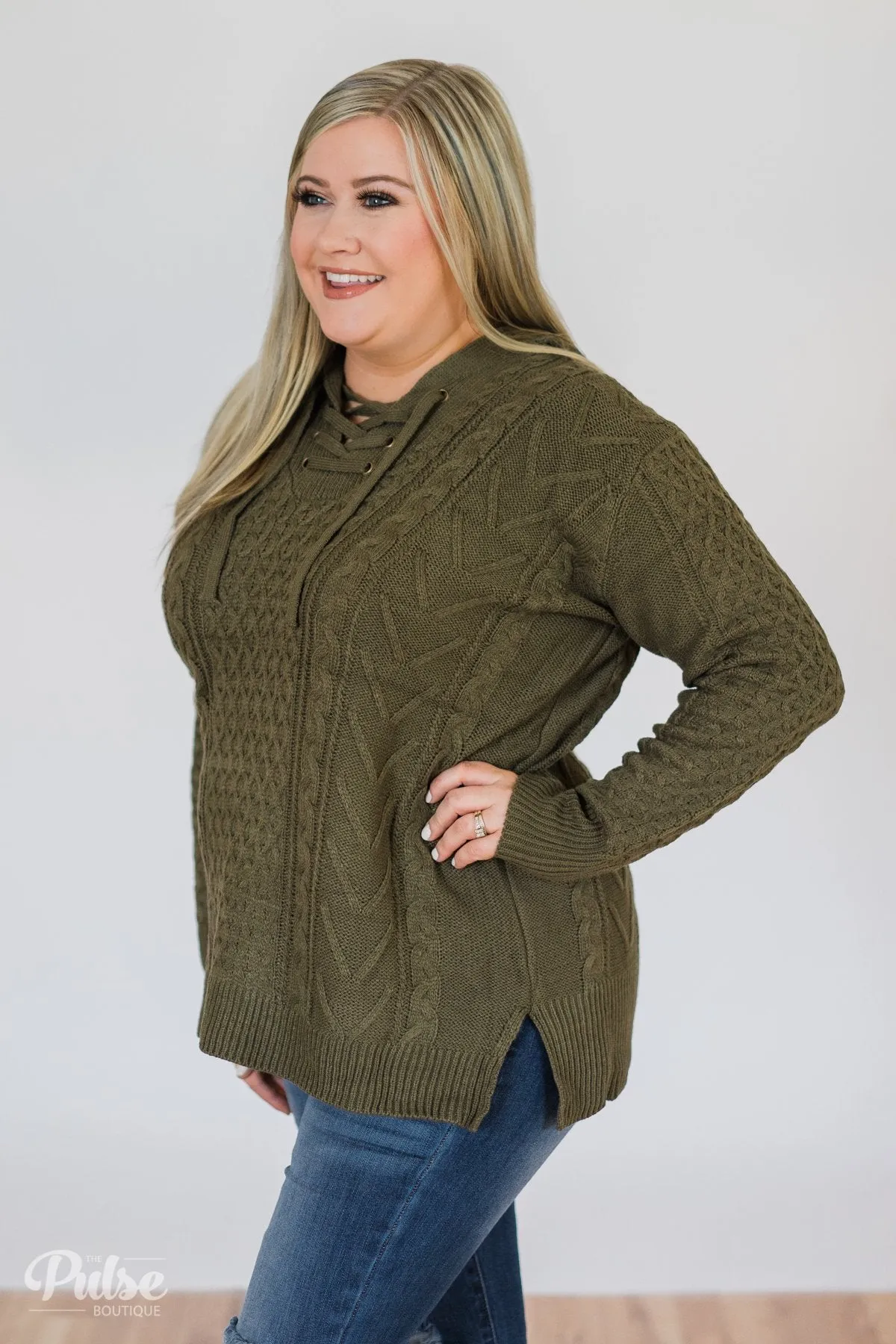 Stay Awhile Lace Up Hooded Sweater- Forest