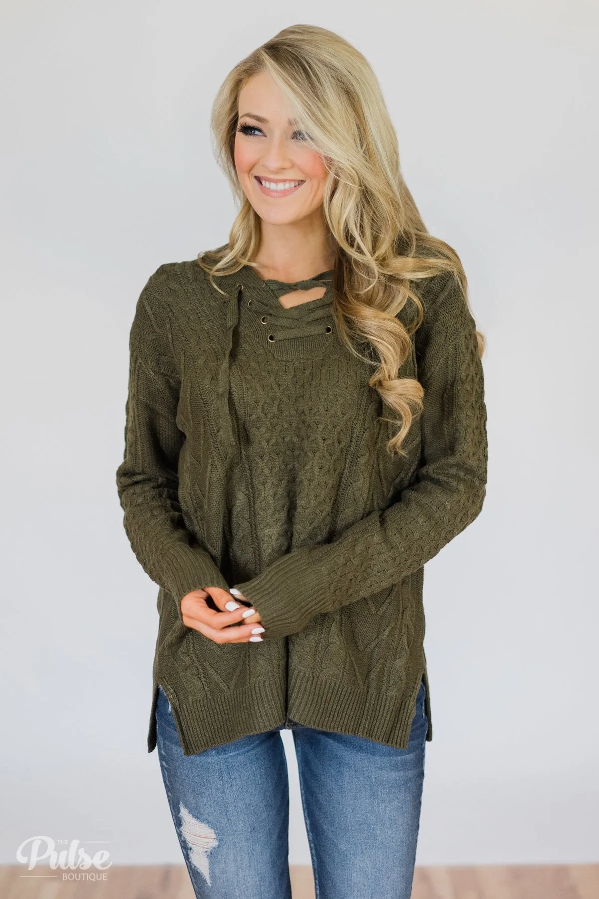 Stay Awhile Lace Up Hooded Sweater- Forest
